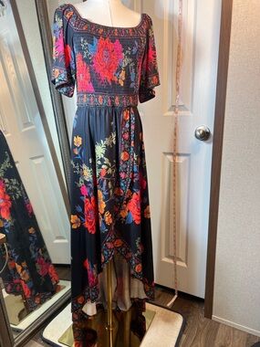 Boston Proper Black High-Low Floral Midi Dress with Red & Orange Blooms